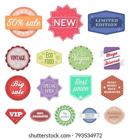 Different label cartoon icons in set collection for design. Index and brand vector symbol stock web illustration.