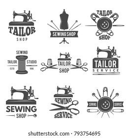 Different labels or logos set for tailor shop. Workshop emblem and badge atelier. Vector illustration