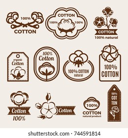 Different labels set with stylized illustrations of cottons. Design template of vector badges for clothes. Cotton quality badge and logo. Bio and organic natural product
