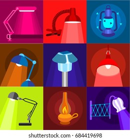 Different lamp icons set, flat style