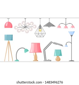 Different lamp set, chandelier and spotlight collection, vector illustration in flat style