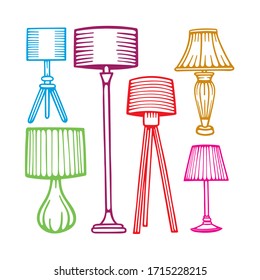 Different lamps hand drawn set. Decorative lamps and lampshades sketch drawing vector illustrations collection. 