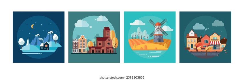 Conjunto de vectores de iconos de vista de paisajes y escenas diferentes
