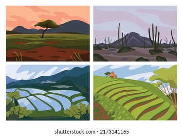 Different landscape set. Calm nature of different countries, african savannah, mexican desert, japanese rice fields and indian tea plantation. Flat vector illustration