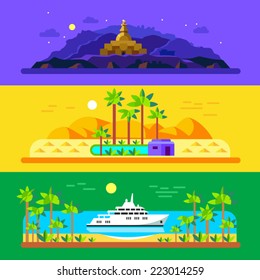 Different landscapes. Mountains, temples, pyramids, sand, palm trees, an oasis, sea, ship. Vector flat illustrations