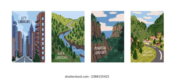 Different landscapes posters set. Cityscape, city street, urban view. Forest on river shore, green mountain with trees. Countryside, village outdoor, country road. Nature flat vector illustration