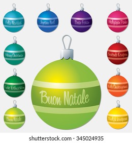 Different language Merry Christmas bauble set in vector format.