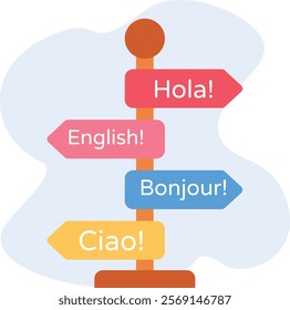 Different Language Signage with Pole concept, Hola ciao text vector icon design, International Day of Language symbol, Linguistic diversity sign, Bilingualism Polyglot stock illustration