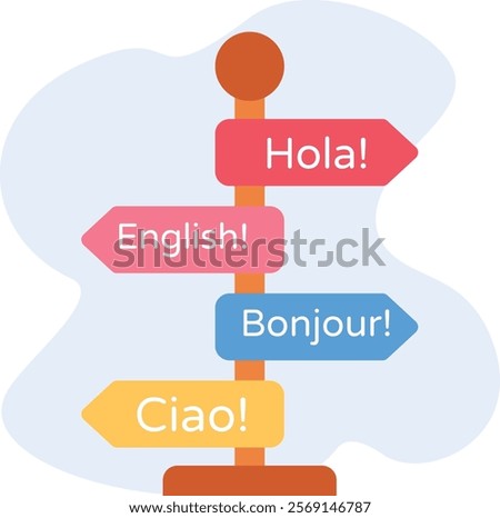 Different Language Signage with Pole concept, Hola ciao text vector icon design, International Day of Language symbol, Linguistic diversity sign, Bilingualism Polyglot stock illustration