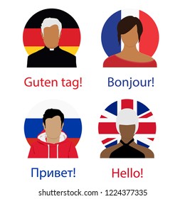 Different Language Speech Hello Concept. Russian Federation, United Kingdom, France, Germany flags. Vector illustration. 