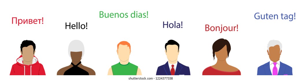 Different Language Speech Hello Concept. Spain, Russian Federation, United Kingdom, France, Germany and Sweden. Vector illustration. 
