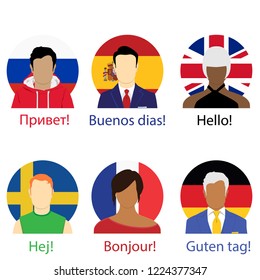 Different Language Speech Hello Concept. Spain, Russian Federation, United Kingdom, France, Germany and Sweden flags. Vector illustration. 