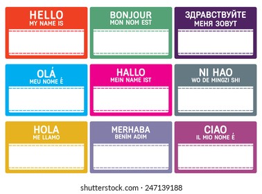 Different languages name tag with copy space.