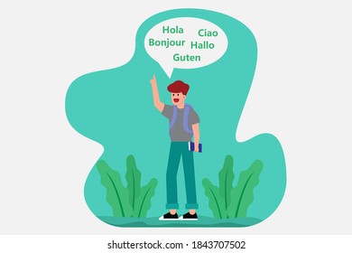 Concepto vectorial de diferentes idiomas: Estudiante masculino habla diferentes idiomas diciendo hallo