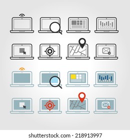 Different laptop icons set with rounded corners. Design elements