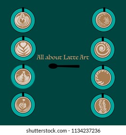 Different latte art in green cup and green background, free space. vector design.