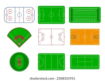 Different layouts of sports fields illustrating hockey, football, soccer, basketball, baseball, and tennis.