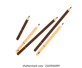 Different lead pencils with sharp graphite tips. Sharpened wooden stationery, items for drawing, writing. School supplies. Flat vector illustration isolated on white background.