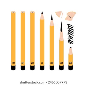 Different lead pencils with sharp graphite tips. Sharpened wooden stationery, items for drawing, writing. School supplies. Flat vector illustration isolated on white background.