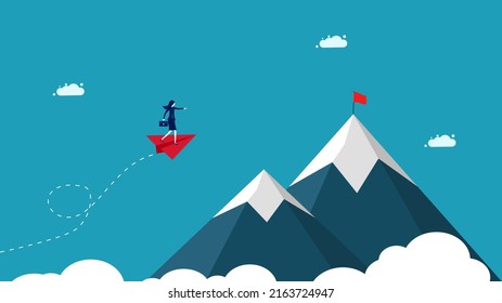 Different leaders. A business woman travels in a red paper plane to the red flag. business concept vector illustration