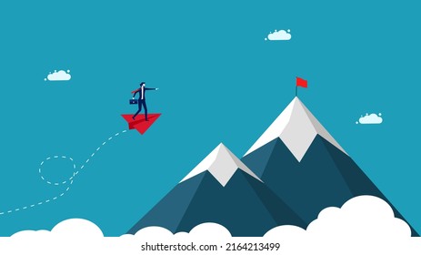 Different leaders. A businessman travels in a red paper plane to the red flag. business concept vector illustration