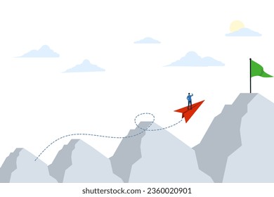 different leadership concepts. A businessman travels on a red paper plane towards a green flag. Leadership in business to achieve success. flat business vector illustration on white background.