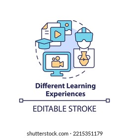 Different learning experiences concept icon. Improve online corporate training abstract idea thin line illustration. Isolated outline drawing. Editable stroke. Arial, Myriad Pro-Bold fonts used