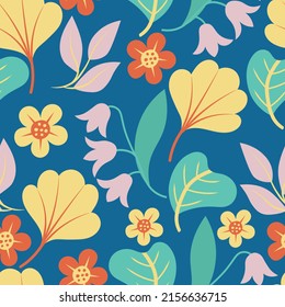 Diferentes hojas y flores en un fondo oscuro. Patrón botánico sin fisuras en colores vivos.