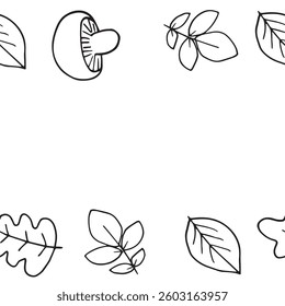 different leaves and mushrooms vector seamless border graphics doodle hand drawn illustration on a white background with space for text base for textile design tableware and printing