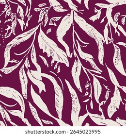 Different leaves, stylized with white lines on a dark purple background, create an elegant rhythm by touching and curling together