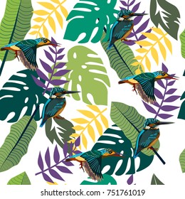 Different leaves of tropical trees. Humming birds.Seamless pattern. Vector background.