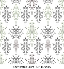 Different leaves in vintage style. Vegetable drawing of individual elements in green, brown and black color on a white background.