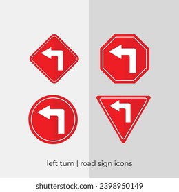 colección vectorial de señalización de la carretera de giro a la izquierda en iconos rojos