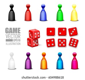 Different leisure game pawn figures and game blocks dices in variety number. Vector illustration games icons set
