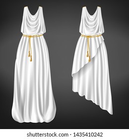 長さの違うギリシャのチトンで 白い羊毛 麻 絹の布を金のロープベルトで結び 肩にピンで留め 3dのリアルなベクター画像です 女性の歴史的な服のイラスト のベクター画像素材 ロイヤリティフリー Shutterstock