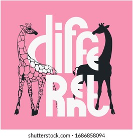 Different lettering. Unique font and silhouettes of giraffe. Vector illustration