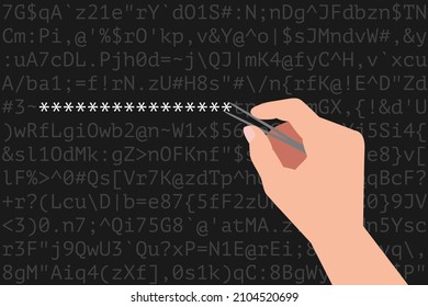 Different letters, numbers and special symbols, and hand of person placing or removing asterisks using tweezers. Concept of password creating or decoding, password-protected data, information security