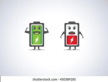 Different level of battery. Battery with face. Vector illustration.