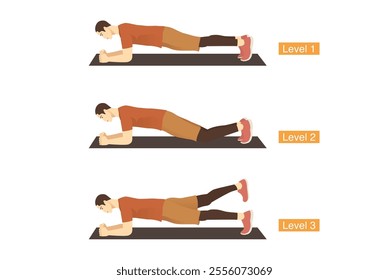 Different levels of difficulty of doing the Plank Exercise with sport men. Illustration about abdominal workout.