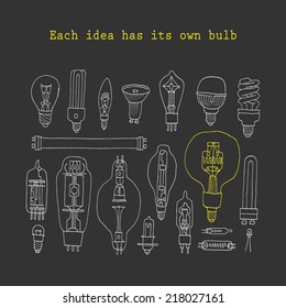 Different light bulb icon collection in doodle style. Isolated. Vector.