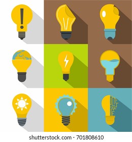 Different light bulb logotype icons set. Flat set of 9 different light bulb logotype vector icons for web with long shadow