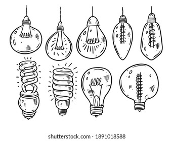 Different light bulbs sketch style doodle set. Cartoon black and white vector illustration isolated on white background.