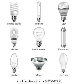 Different lightbulbs icons photo realistic vector set