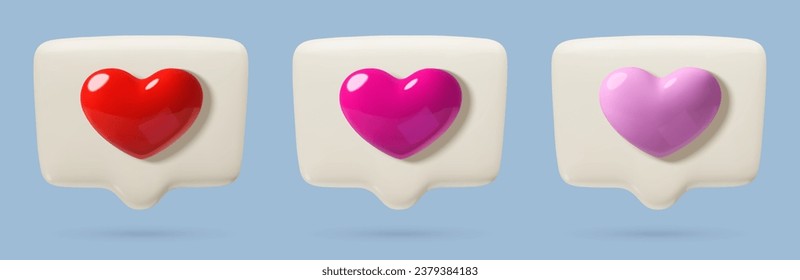 Different like notification, romantic message or comment icons set with 3d realistic speech bubbles and hearts. February 14 and Valentine's day social media dialogue chat boxes vector illustration.