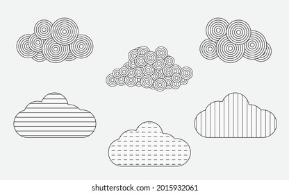 Different line art clouds isolated on white background. Vector illustration.