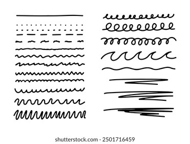 Línea diferente, garabato doodle subrayan el conjunto de énfasis. Dibujado a mano elemento de realce de boceto en estilo de dibujo de doodle simple. Línea de garabato decorativo, línea punteada, curva, bucle. Ilustración vectorial