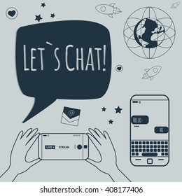 Different line style icon. Technology, digital world, rocket launch, sms bubbles, earth, smart phone, live stream, e-mail, text stickers. Vector illustration