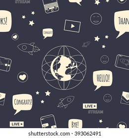 Different line style icons seamless pattern. Technology, digital world, rocket launch, sms bubbles, earth, smart phone, live stream, e-mail, text stickers. Vector illustration