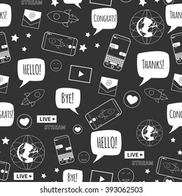Different line style icons seamless pattern. Technology, digital world, rocket launch, sms bubbles, earth, smart phone, live stream, e-mail, text stickers. Vector illustration