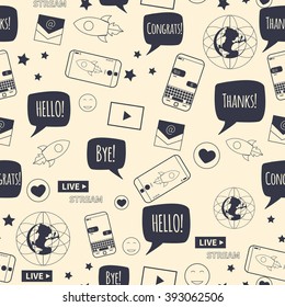Different line style icons seamless pattern. Technology, digital world, rocket launch, sms bubbles, earth, smart phone, live stream, e-mail, text stickers. Vector illustration
